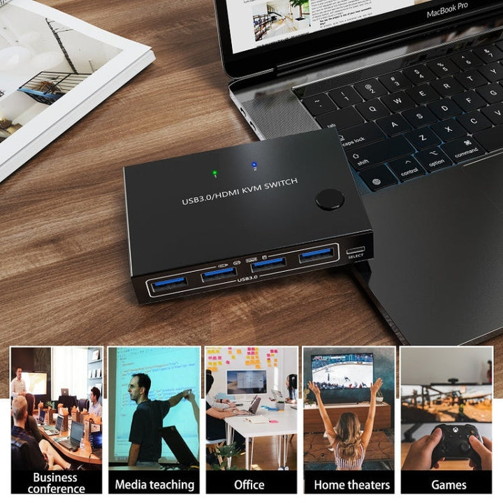 Lisslune | KC-KVM201A 2 In 1 Out 4K 60HZ HDMI KVM Switching USB3.0 Split Computer Form Printer U Disk(Black)