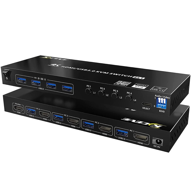 Lisslune | KVM401A 4 Ports USB 3.0 Shared Device HDMI KVM Switch HUB Shared Converter (Black)
