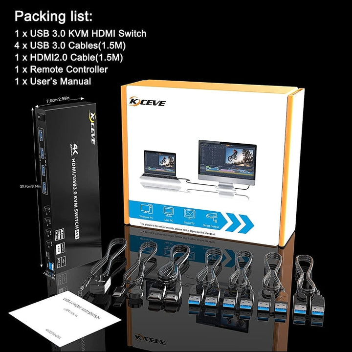 Lisslune | KVM401A 4 Ports USB 3.0 Shared Device HDMI KVM Switch HUB Shared Converter (Black)
