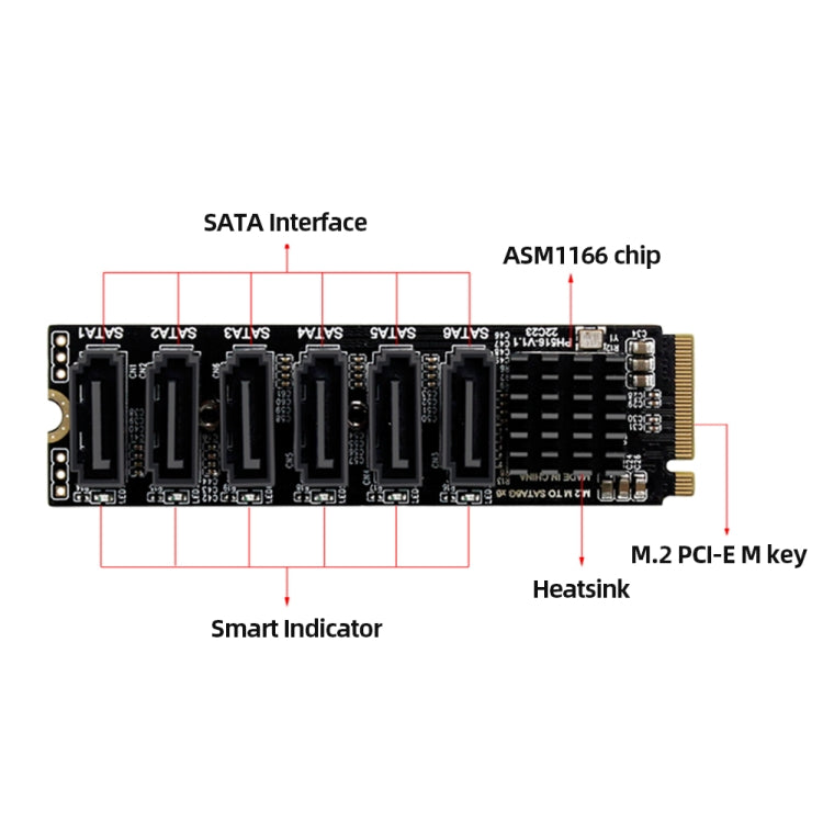 Lisslune | M2 M-EKY PCIE3.0 to SATA6G Transfer Expansion Card 6 Port Hard Drive Expansion Adapter Card (PH516)