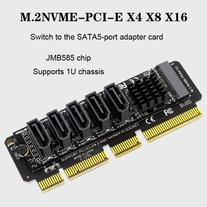 Lisslune | M.2NVME-PCIE X4 / X8 / X16 Rotor SATA5 Port Transfer Card JMB585 Chip