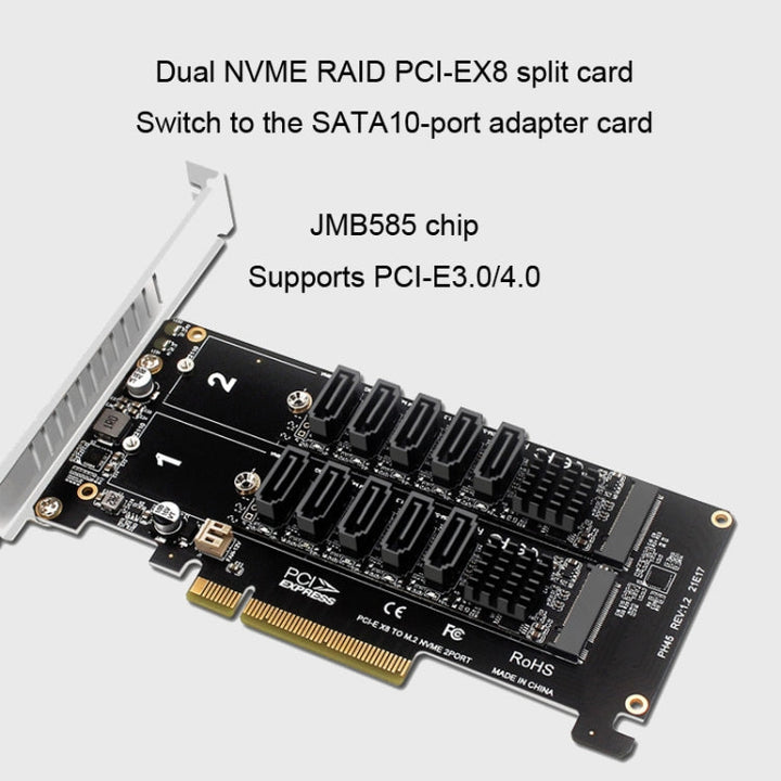 Lisslune | Double NVME Raid PCI-EX8 Split Card To SATA10 Port Transfer Card