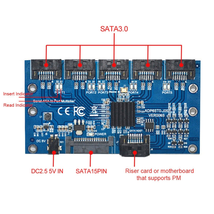 Lisslune | SATA2.0 3Gbps JMB321 Chip SATA expansion card 1 to 5 port riser card