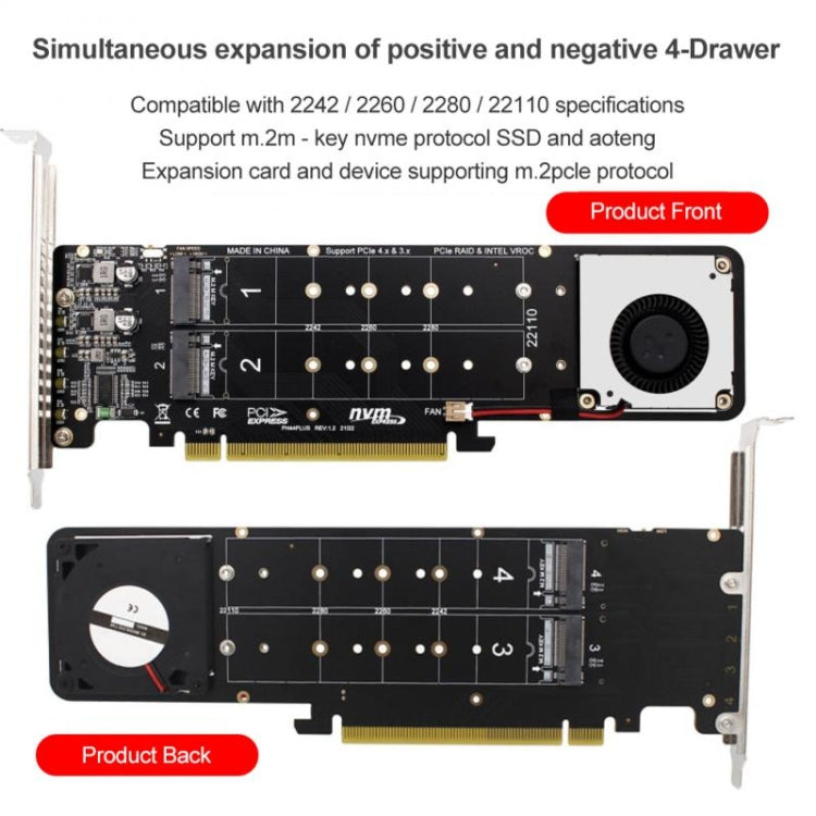 Lisslune | PCI-E X16 to M.2 M-key NVME X4 SSD RAID Array Expansion Adapter Support 2242/2260/2280/22110(PH44Plus)