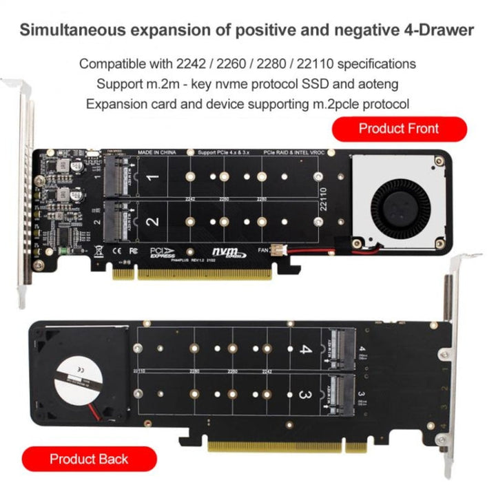 Lisslune | PCI-E X16 to M.2 M-key NVME X4 SSD RAID Array Expansion Adapter Support 2242/2260/2280/22110(PH44Plus)
