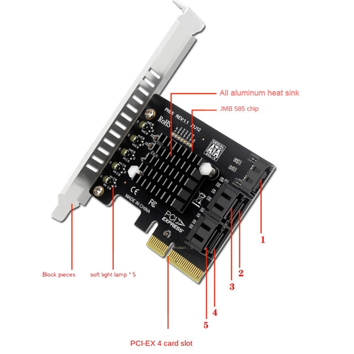 Lisslune | PCI-E to 5 SATA 3.0 Expansion Card (Semi High Baffle)