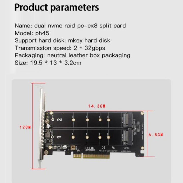 Lisslune | PCI-E X8 Double Disk Transfer Card NVME M.2 MKEY SSD RAID Array Expansion Adapter(PH45)