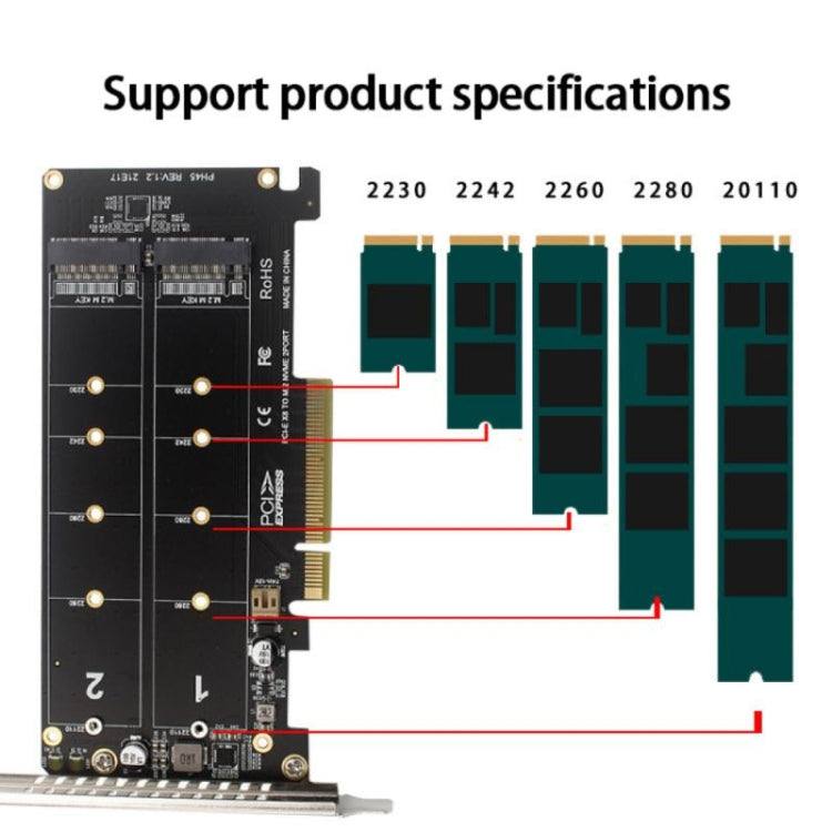 Lisslune | PCI-E X8 Double Disk Transfer Card NVME M.2 MKEY SSD RAID Array Expansion Adapter(PH45)