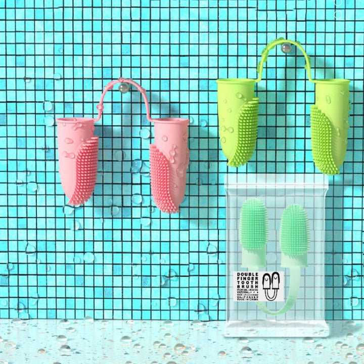 2 Piece Pet Tooth Cleaning Dual Finger Toothbrush Dogs and Cats Oral Cleaning Tools (Blue Green)