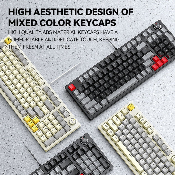 Lisslune | T-WOLF T50 97-Key RGB Illuminated Color-Matching Gaming Mechanical Keyboard with Button, Color: Black B