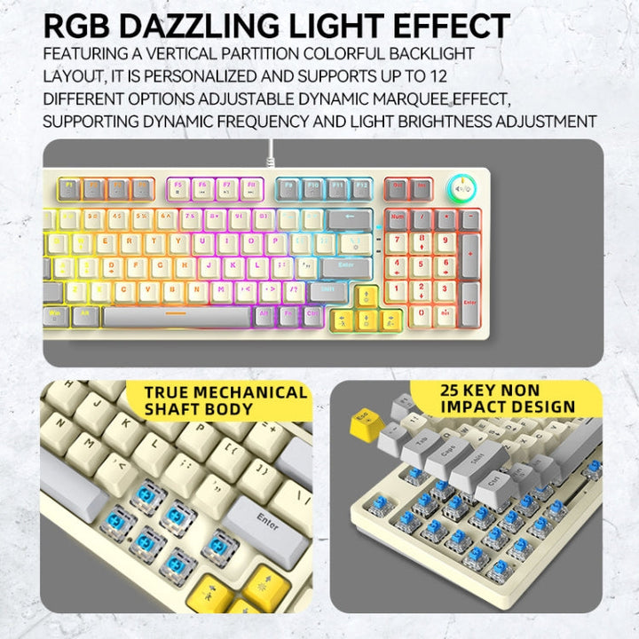 Lisslune | T-WOLF T50 97-Key RGB Illuminated Color-Matching Gaming Mechanical Keyboard with Button, Color: Black B