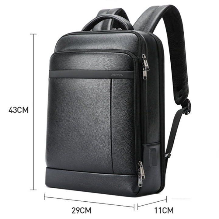 Lisslune | Bopai 61-120761 Large Capacity First Layer Cowhide Business Laptop Backpack With USB+Type-C Connection (Black)