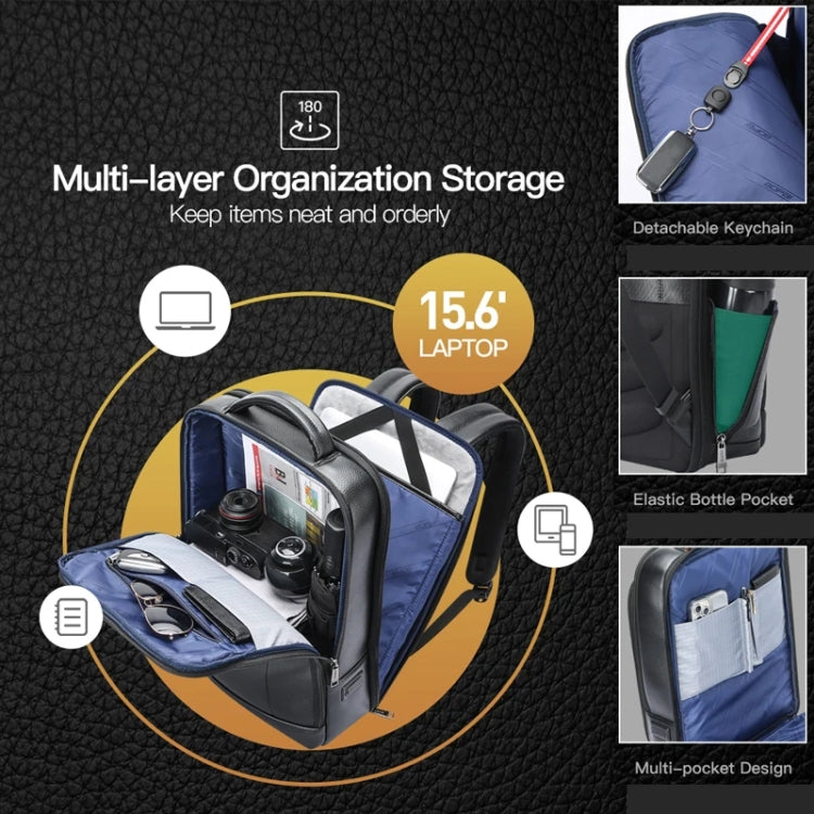 Lisslune | Bopai 61-120761 Large Capacity First Layer Cowhide Business Laptop Backpack With USB+Type-C Connection (Black)