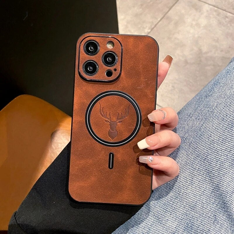 Lisslune | Luxury Deer Leather Apple iPhone Case | Magnetic Phone Case, Wireless Case, MagSafe, Wireless Charging, Protective Case, Cover for iPhone 15, 14, 13 Pro Max Plus