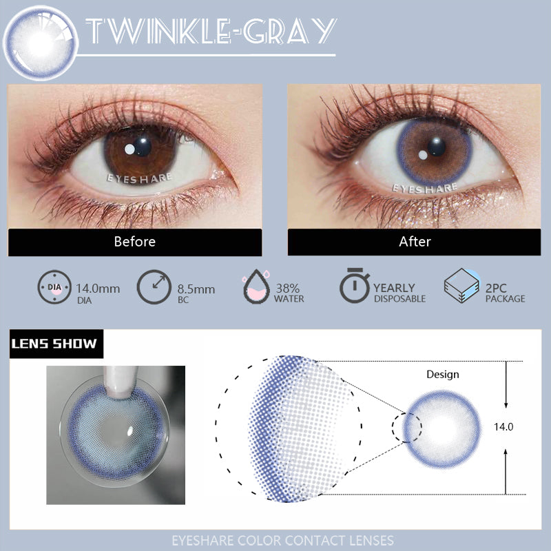 Lisslune Twinkle Gray 14.0mm 1 Pair | 1 Year