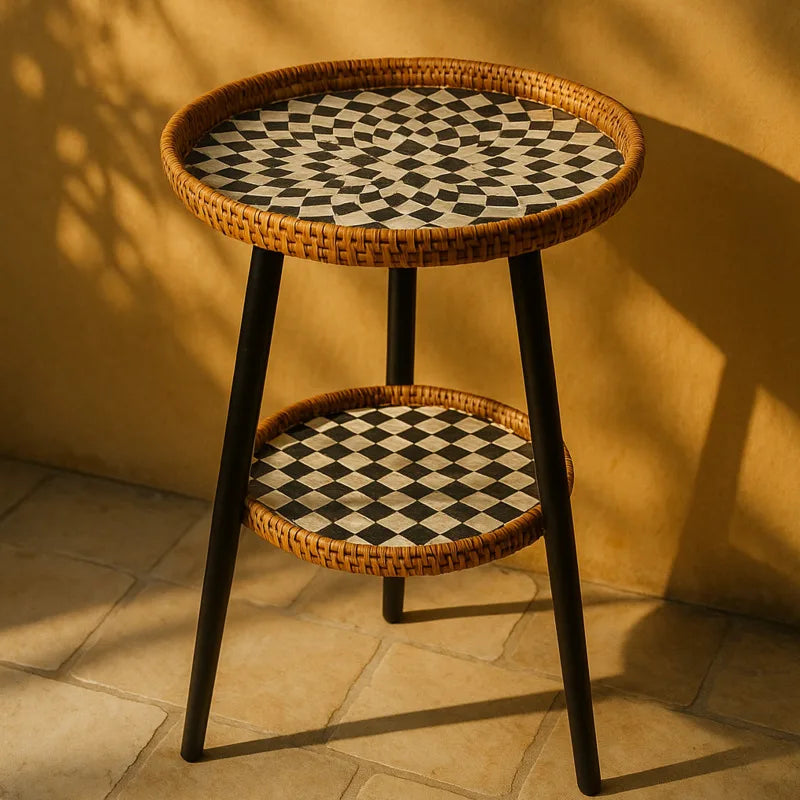 Lisslune | Double Side Table with Artistic Mosaic Pattern - Rattan & Wood