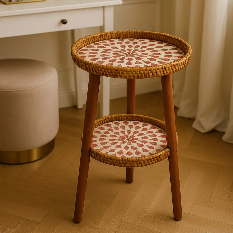 Lisslune | Double Side Table with Artistic Mosaic Pattern - Rattan & Wood
