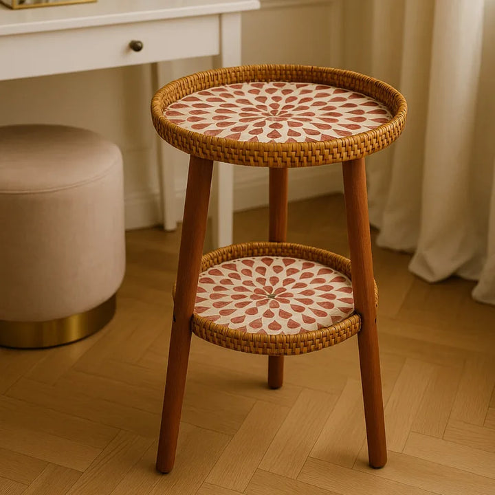 Lisslune | Double Side Table with Artistic Mosaic Pattern - Rattan & Wood