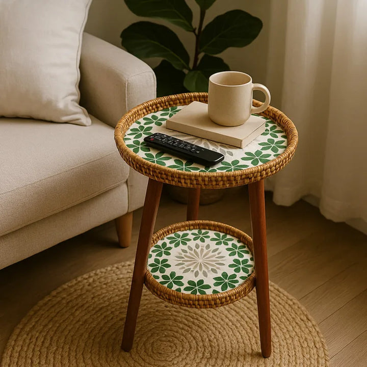 Lisslune | Double Side Table with Artistic Mosaic Pattern - Rattan & Wood