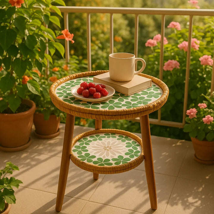 Lisslune | Double Side Table with Artistic Mosaic Pattern - Rattan & Wood