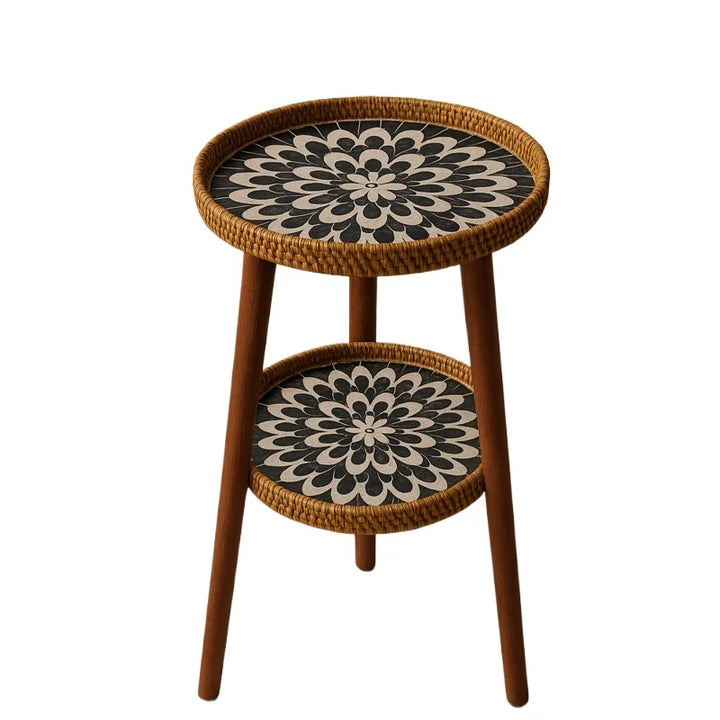 Lisslune | Double Side Table with Artistic Mosaic Pattern - Rattan & Wood