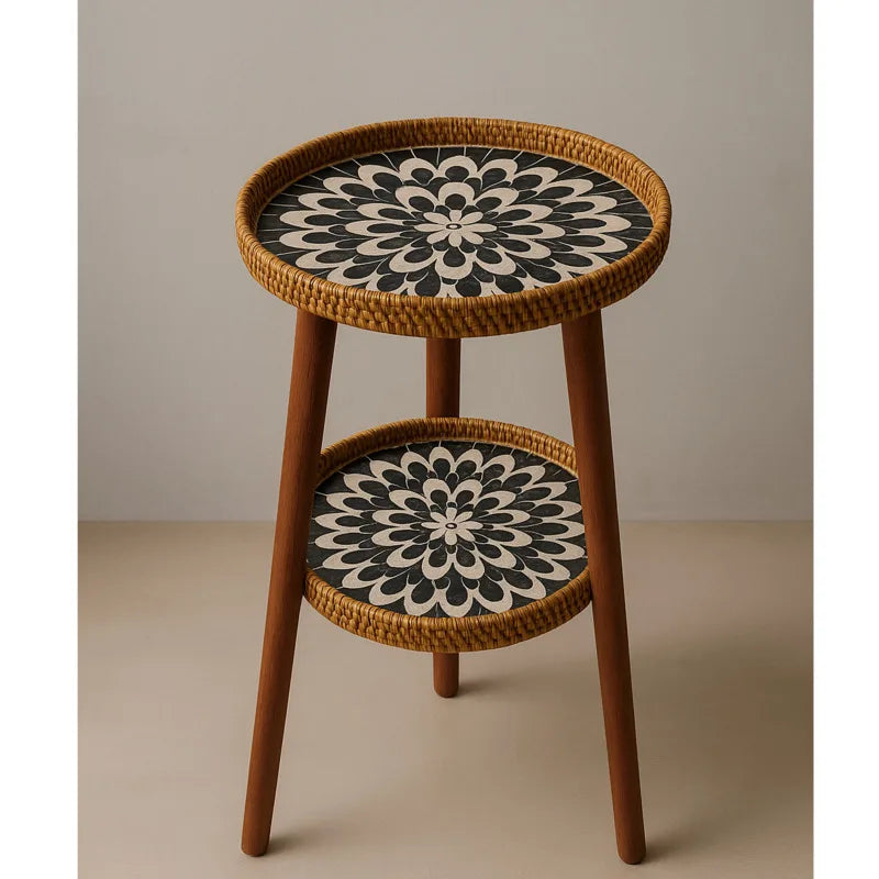 Lisslune | Double Side Table with Artistic Mosaic Pattern - Rattan & Wood