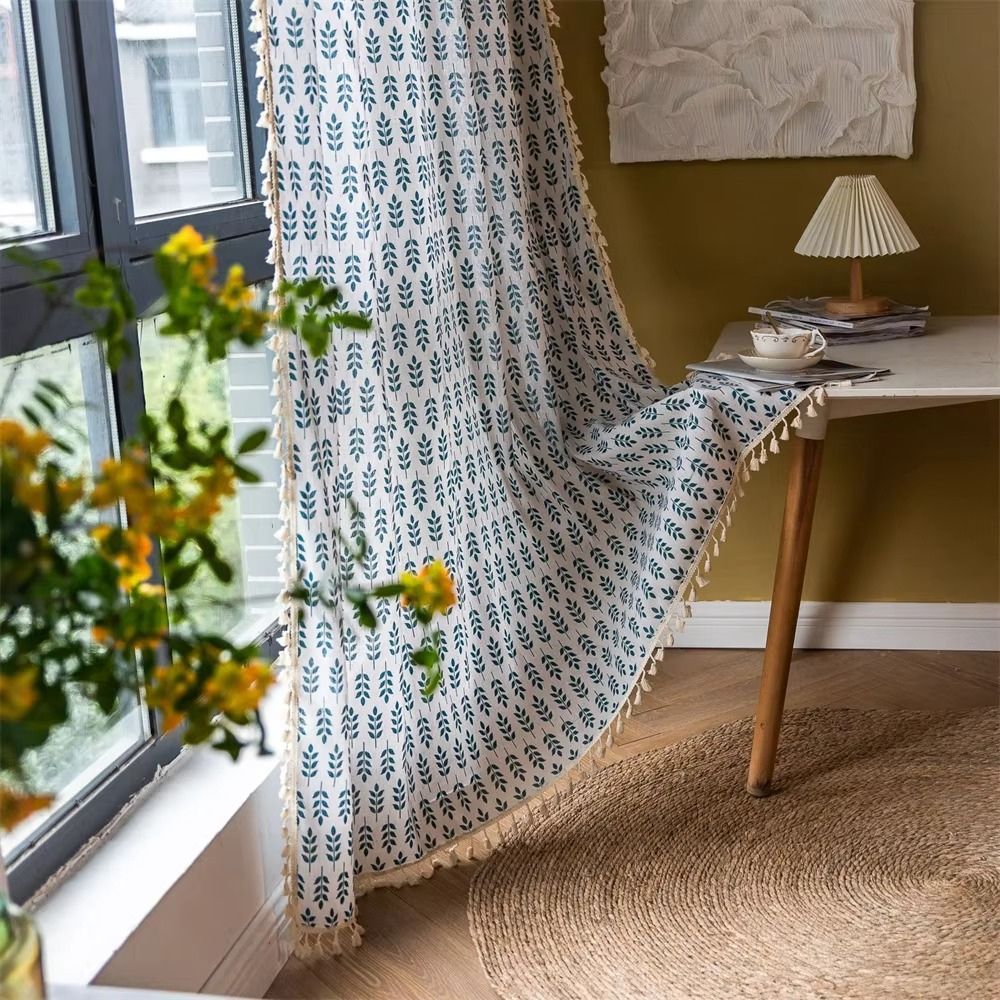 Lisslune | Teal Blue Leaves Semi Sheer Curtains