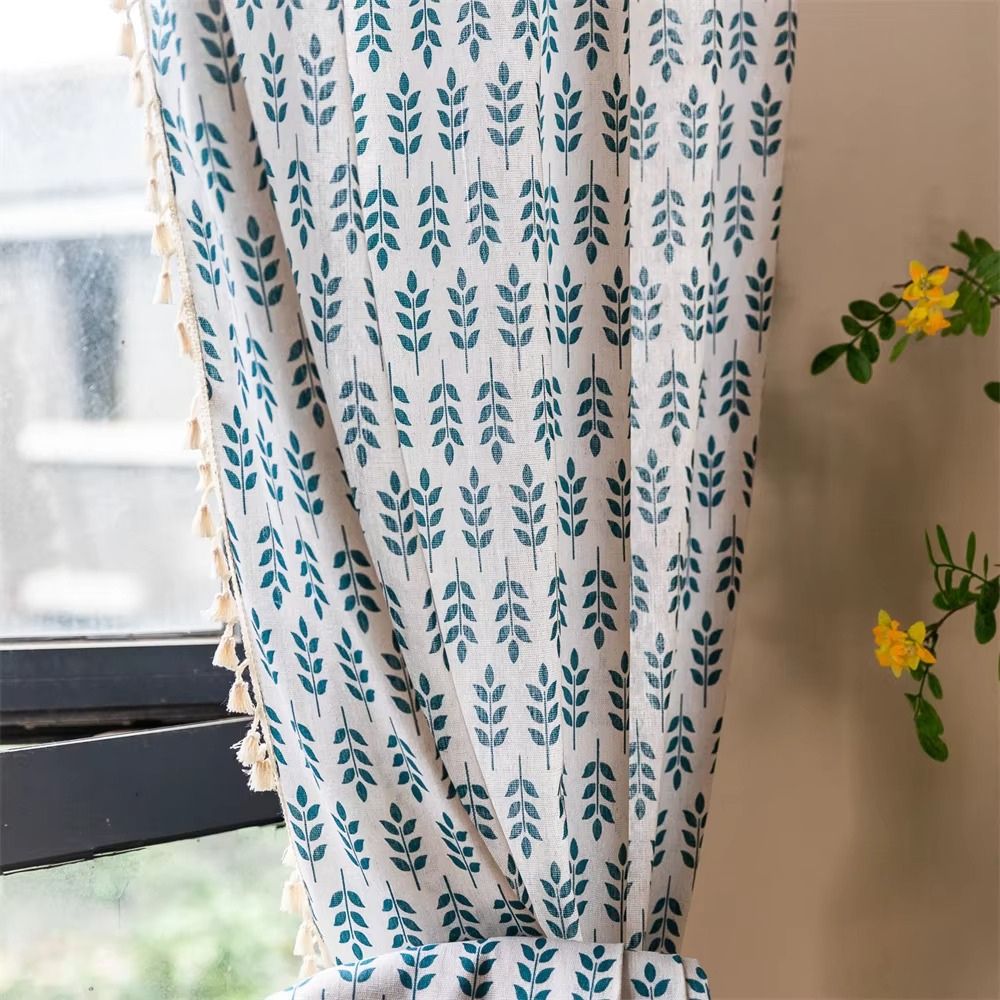 Lisslune | Teal Blue Leaves Semi Sheer Curtains