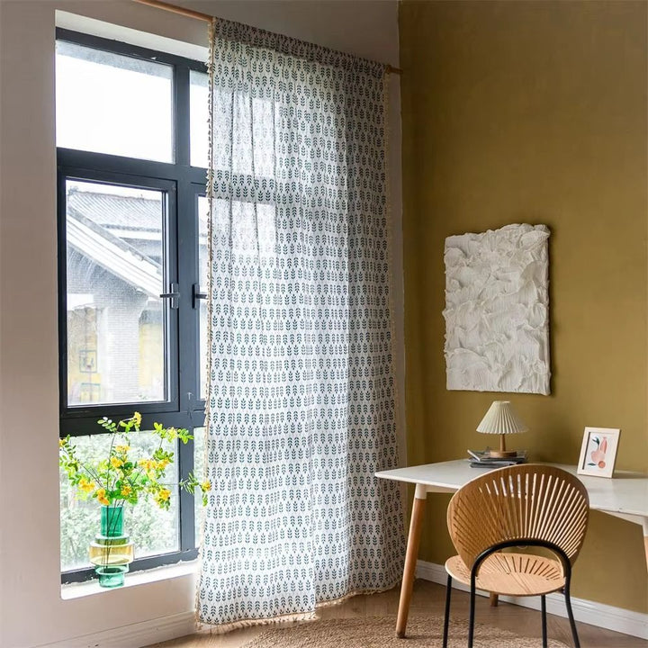 Lisslune | Teal Blue Leaves Semi Sheer Curtains