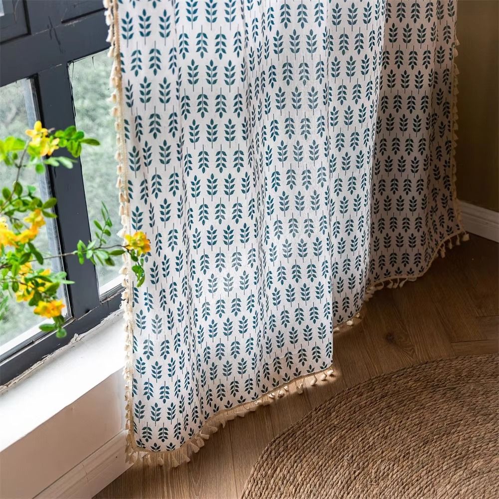 Lisslune | Teal Blue Leaves Semi Sheer Curtains