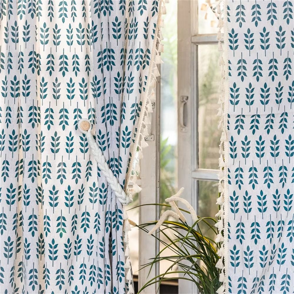Lisslune | Teal Blue Leaves Semi Sheer Curtains