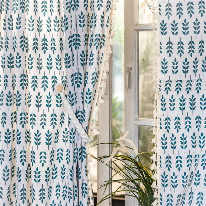 Lisslune | Teal Blue Leaves Semi Sheer Curtains