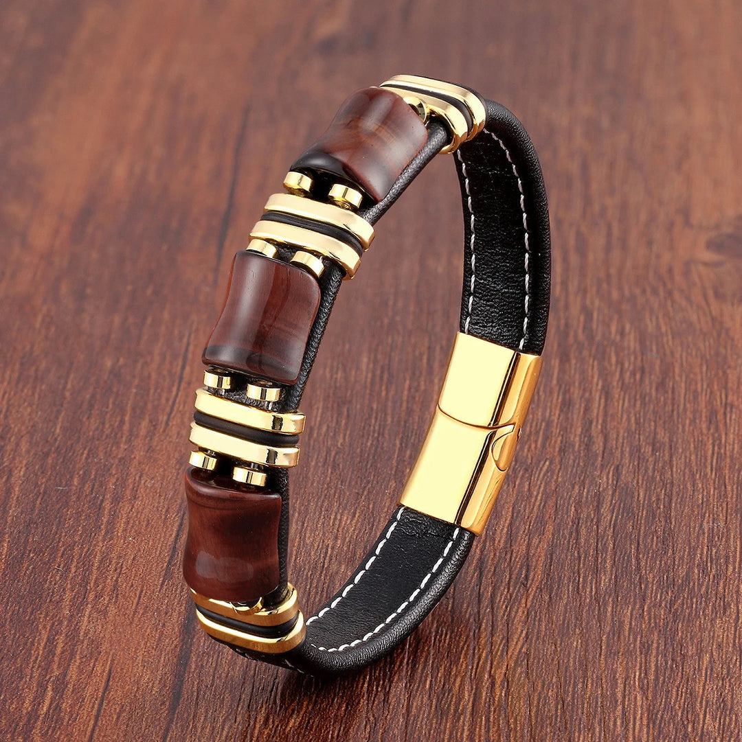 Lisslune | Tiger Power Leather Bracelet – Natural Stone Jewelry with Tiger Eye and Stainless Steel Accents