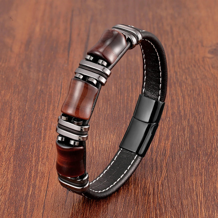 Lisslune | Tiger Power Leather Bracelet – Natural Stone Jewelry with Tiger Eye and Stainless Steel Accents