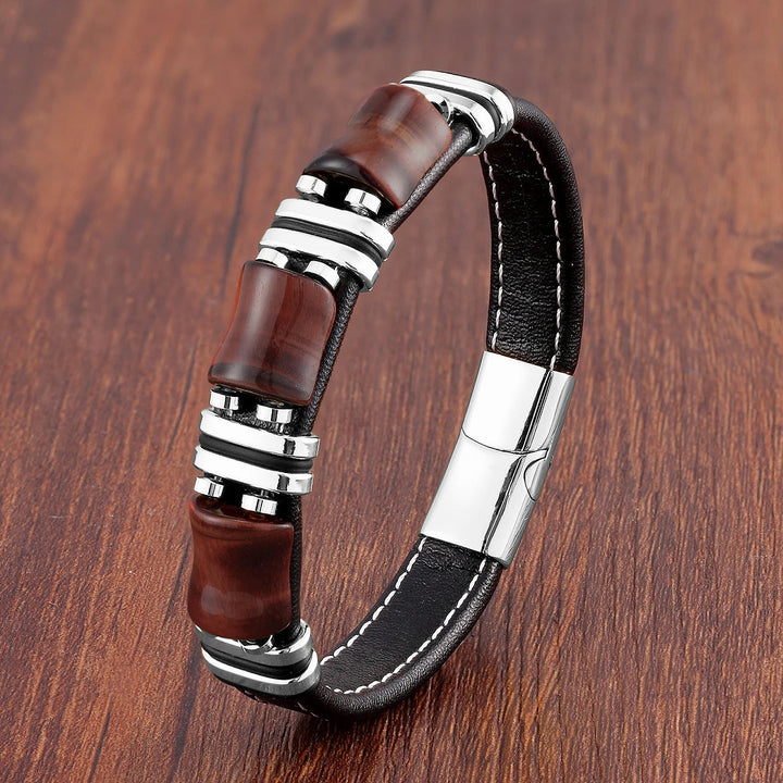 Lisslune | Tiger Power Leather Bracelet – Natural Stone Jewelry with Tiger Eye and Stainless Steel Accents