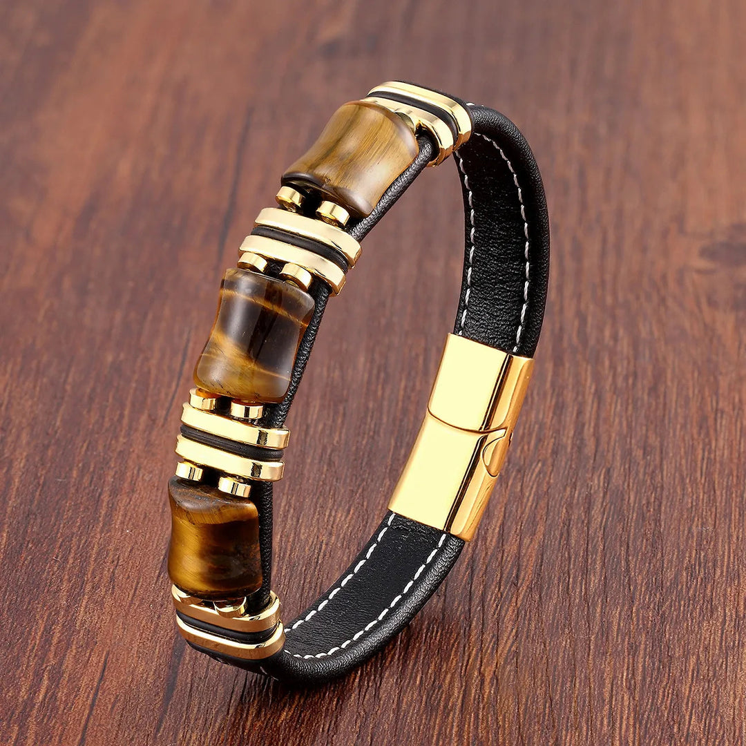 Lisslune | Tiger Power Leather Bracelet – Natural Stone Jewelry with Tiger Eye and Stainless Steel Accents