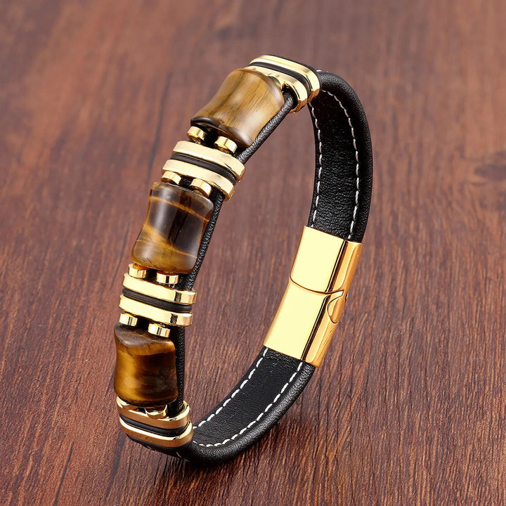 Lisslune | Tiger Power Leather Bracelet – Natural Stone Jewelry with Tiger Eye and Stainless Steel Accents