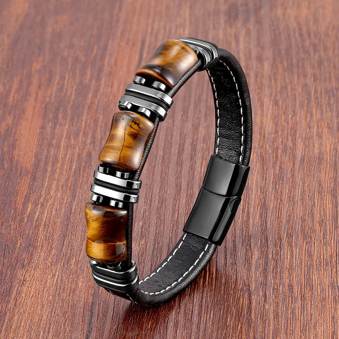 Lisslune | Tiger Power Leather Bracelet – Natural Stone Jewelry with Tiger Eye and Stainless Steel Accents