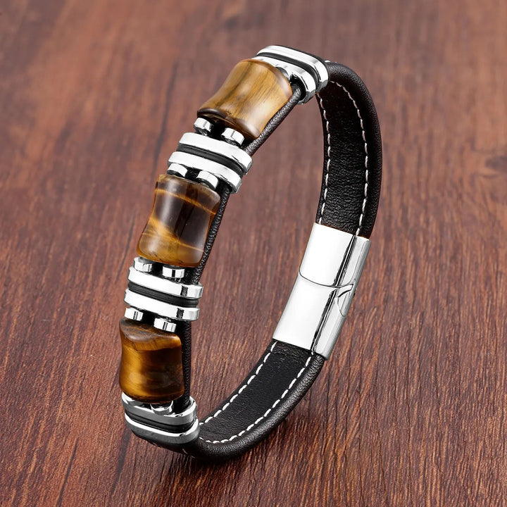 Lisslune | Tiger Power Leather Bracelet – Natural Stone Jewelry with Tiger Eye and Stainless Steel Accents