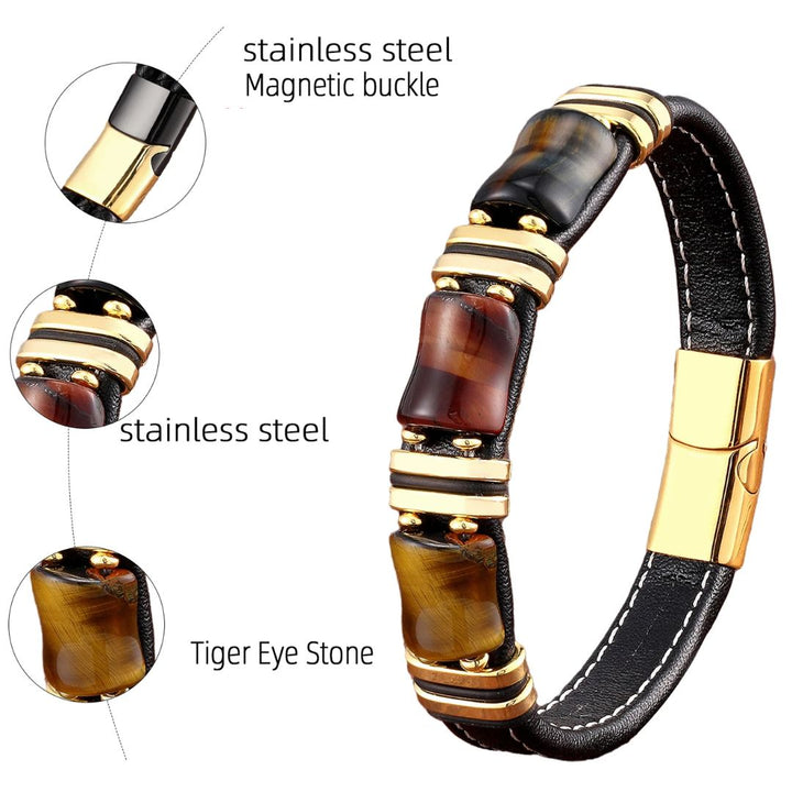 Lisslune | Tiger Power Leather Bracelet – Natural Stone Jewelry with Tiger Eye and Stainless Steel Accents