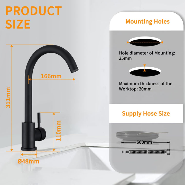 Lisslune | Black Kitchen Faucet Mixer Kitchen Tap with High Spout and G3/8 Connection, High Pressure Sink Faucet 360° Rotatable, Stainless Steel Single Handle Kitchen Tap, Matte Black
