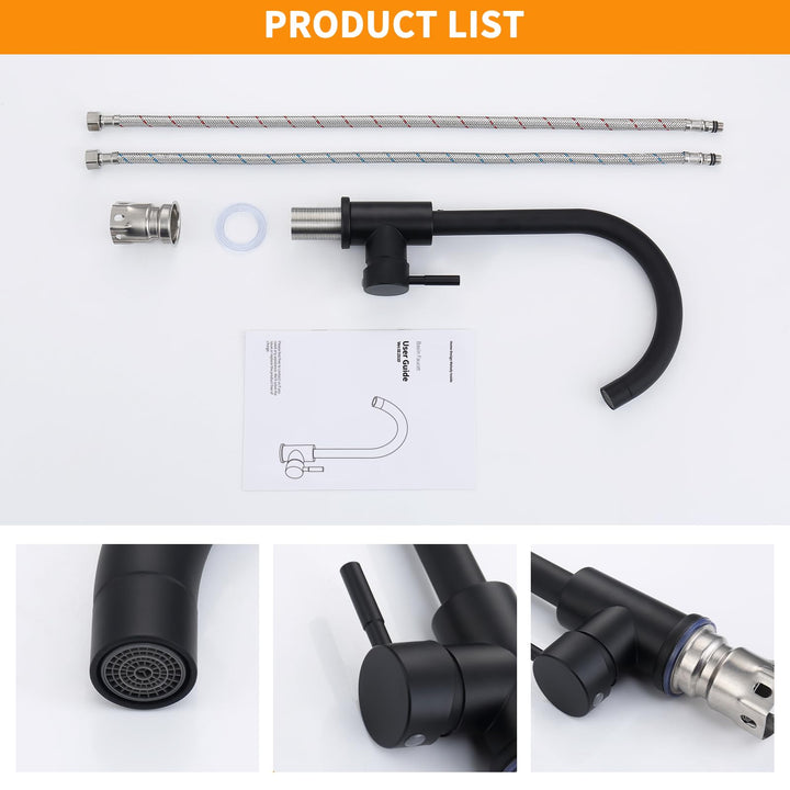 Lisslune | Black Kitchen Faucet Mixer Kitchen Tap with High Spout and G3/8 Connection, High Pressure Sink Faucet 360° Rotatable, Stainless Steel Single Handle Kitchen Tap, Matte Black