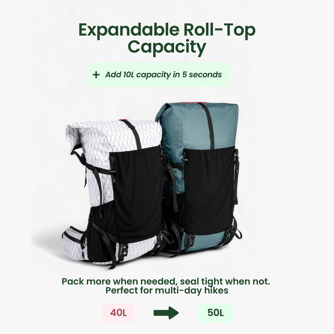 Lisslune | Ultralight 50L adventure backpack with rolltop and ripstop nylon