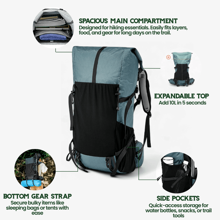 Lisslune | Ultralight 50L adventure backpack with rolltop and ripstop nylon