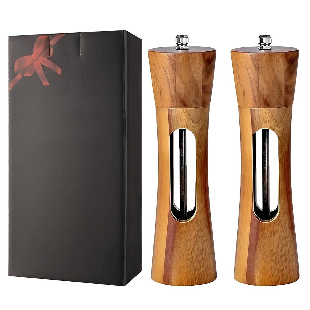 Lisslune | SpiceCraft Manual Salt and Pepper Mill Set – Wooden Design with Acrylic Window Adjustable Grind Levels