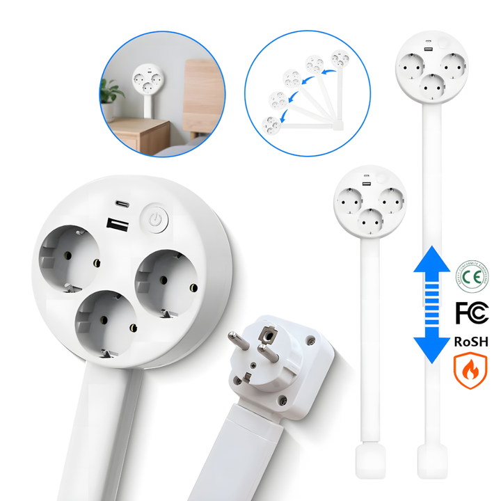 Lisslune | Extendable Wall Socket Arm – Flexible Power Source with USB and Rotation