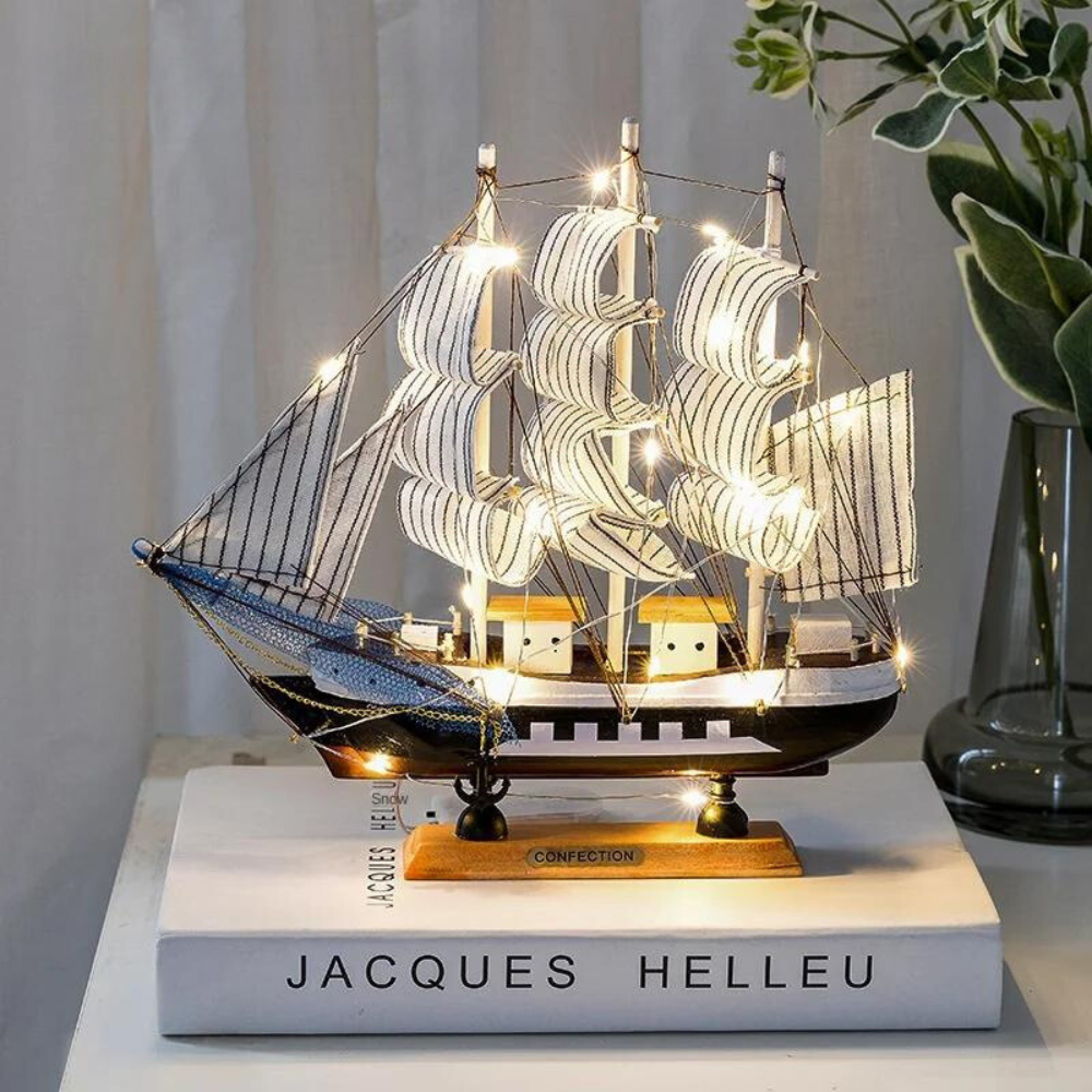 Lisslune | Royaleva Nordic Wood Sailboat Sculpture - LED illuminated decorative piece, battery-operated