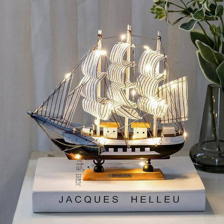Lisslune | Royaleva Nordic Wood Sailboat Sculpture - LED illuminated decorative piece, battery-operated