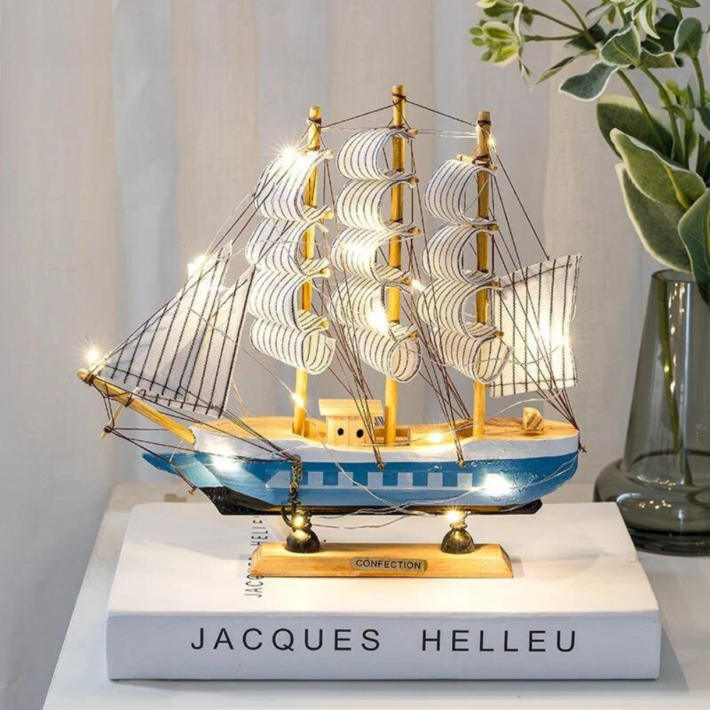Lisslune | Royaleva Nordic Wood Sailboat Sculpture - LED illuminated decorative piece, battery-operated
