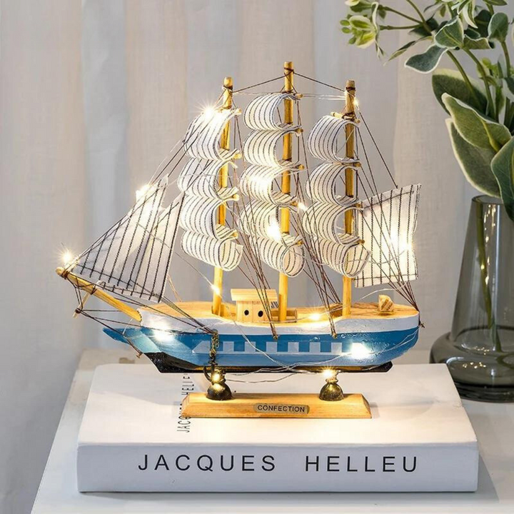 Lisslune | Royaleva Nordic Wood Sailboat Sculpture - LED illuminated decorative piece, battery-operated